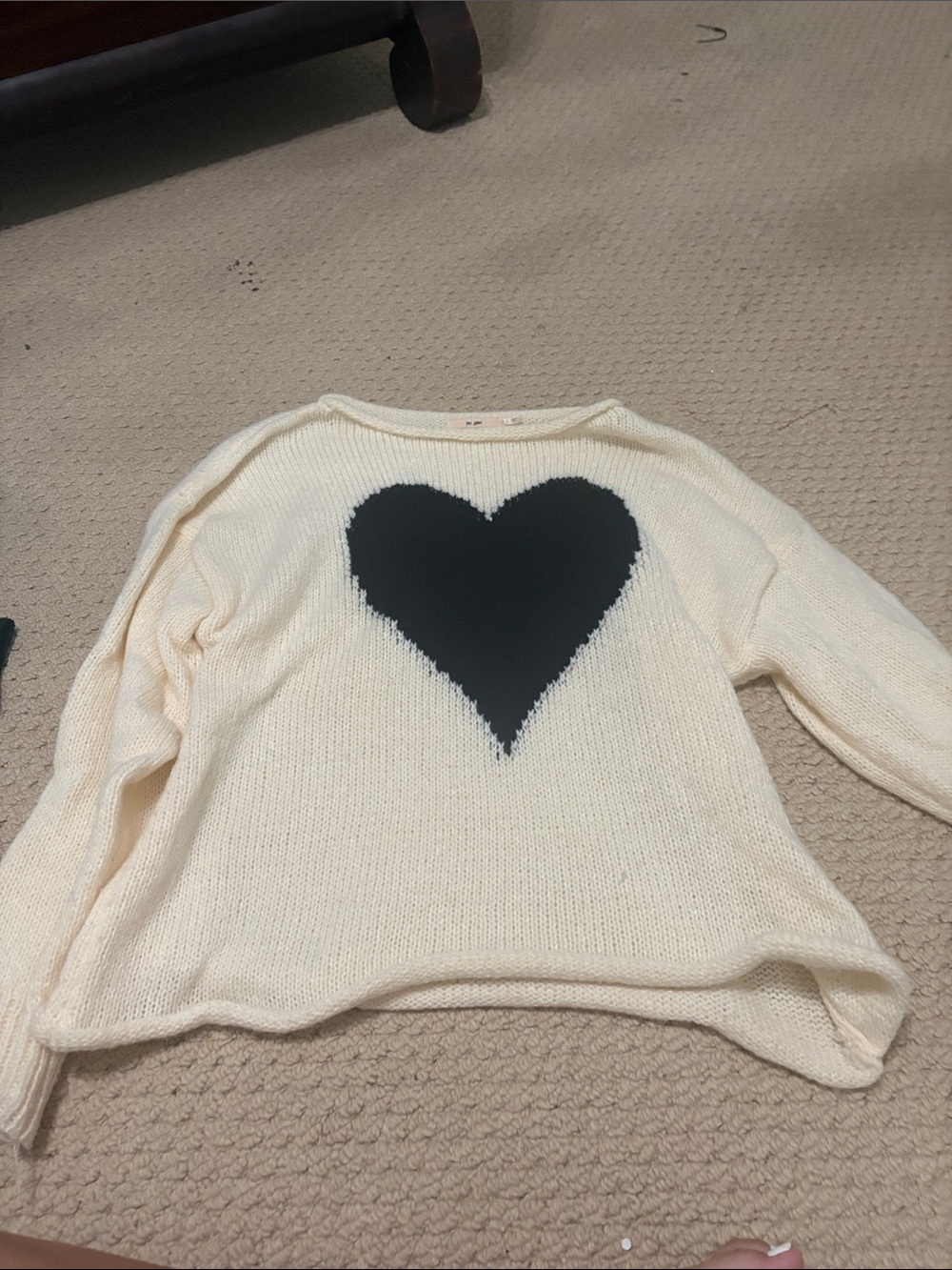 miami Cream Off-Shoulder Sweater with Black Heart